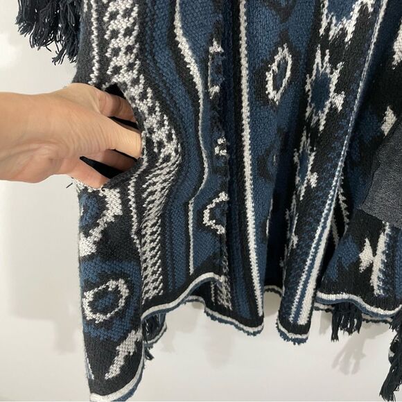 Anthropologie Dolan Avoca Poncho Open Front One‎ Size Blue Black Fringe - Picture 8 of 9